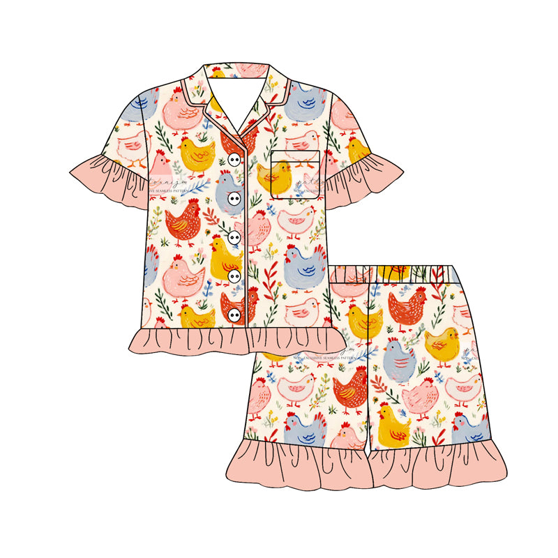 Baby Girls Flower Chicks Button Pocket Top Ruffle Shorts Farm Pajamas Sets Preorder