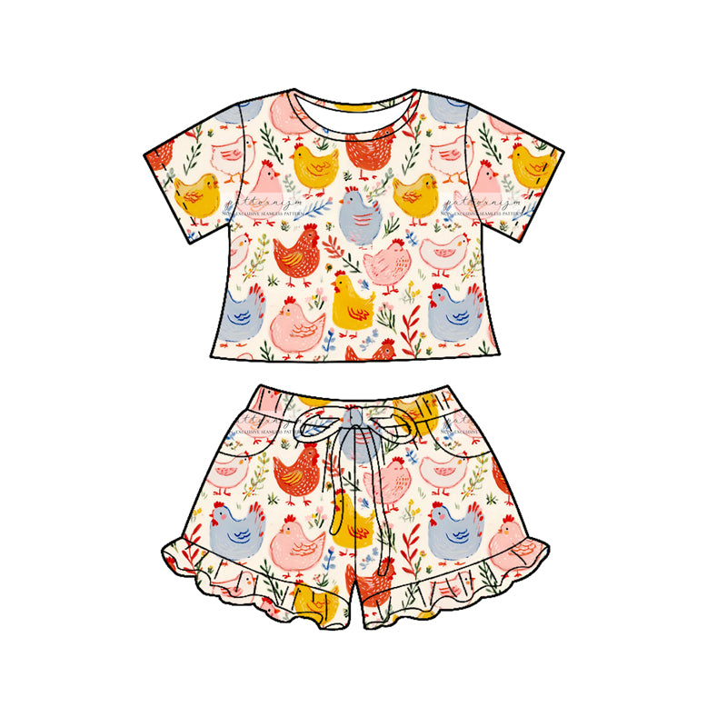 Baby Girls Flowers Chicks Top Pockets Ruffle Shorts Farm Clothes Sets Preorder