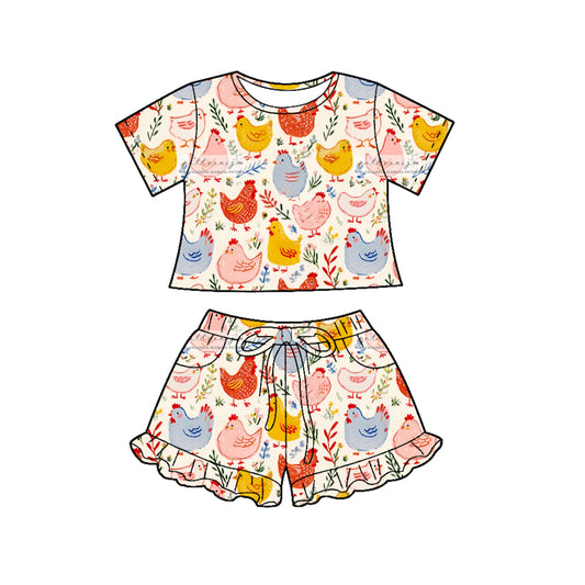 Baby Girls Flowers Chicks Top Pockets Ruffle Shorts Farm Clothes Sets Preorder