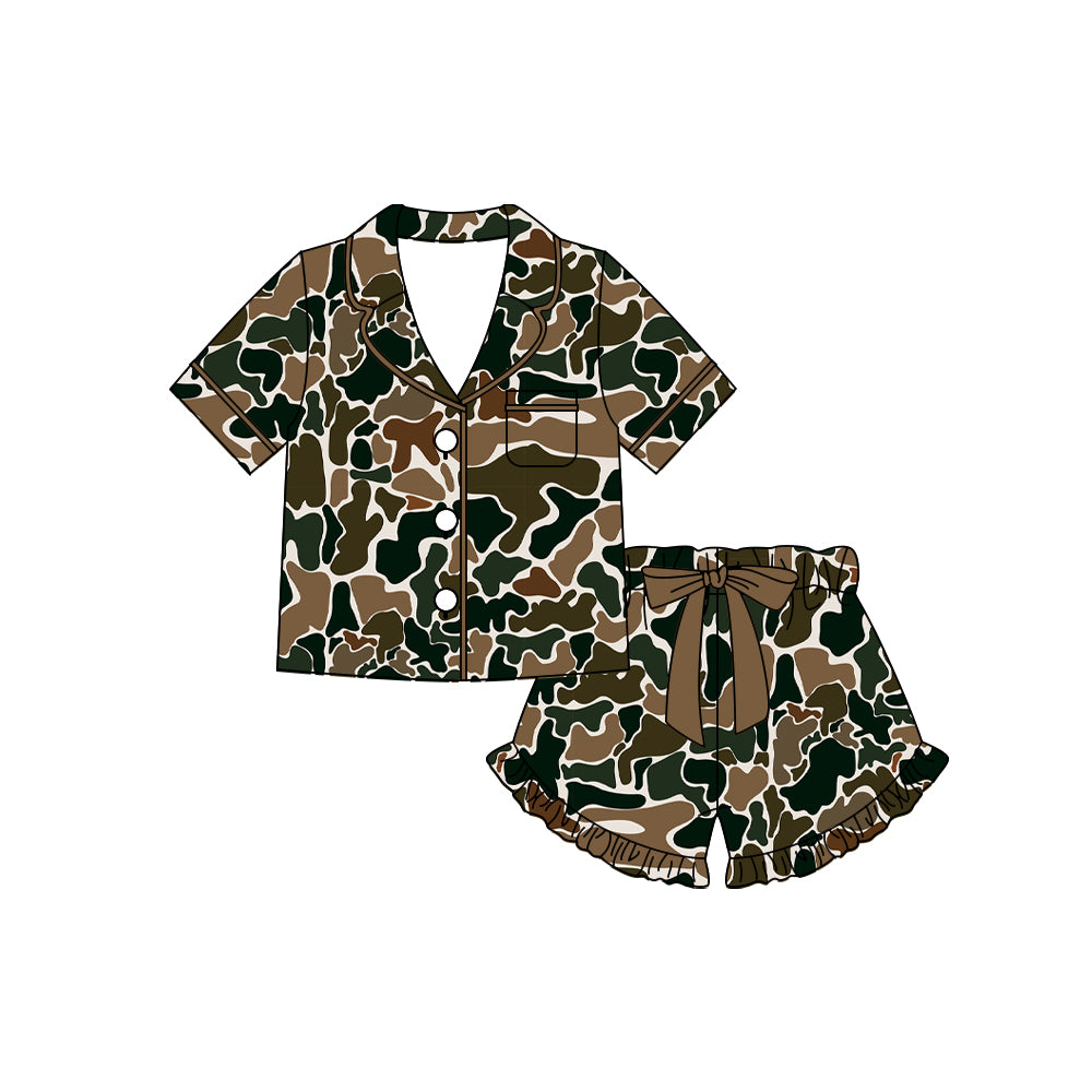 Baby Girls Southern Dark Brown Button Pocket Top Ruffle Shorts Pajamas Sets Preorder