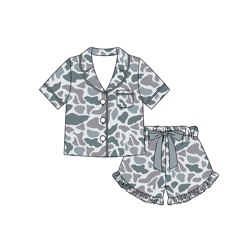Baby Girls Southern Light Grey Button Pocket Top Ruffle Shorts Pajamas Sets Preorder