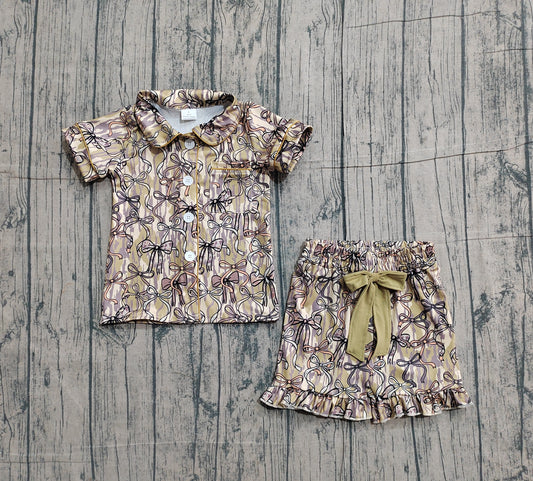 Baby Girls Southern Olive Camo Bows Button Pocket Top Ruffle Shorts Pajamas Sets