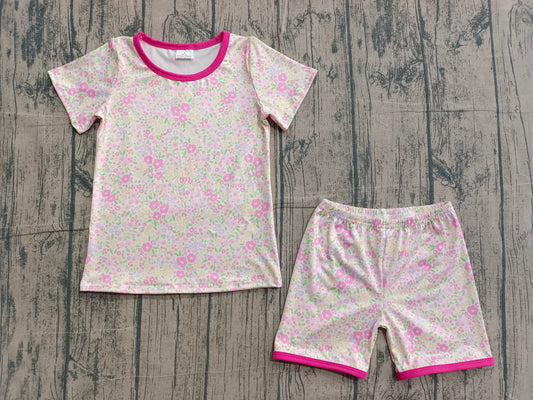 Baby Girls Short Sleeve Pink Flowers Top Shorts Pajamas Clothes Sets