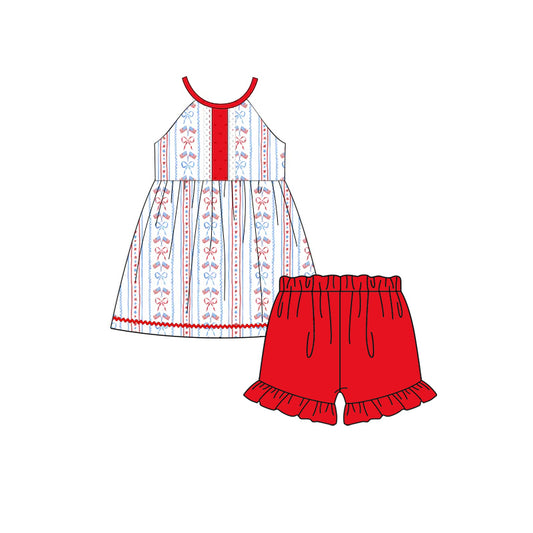 Baby Girls Bows Flags Stripe Tunic Ruffle Shorts 4th of July Clothes Set Preorder