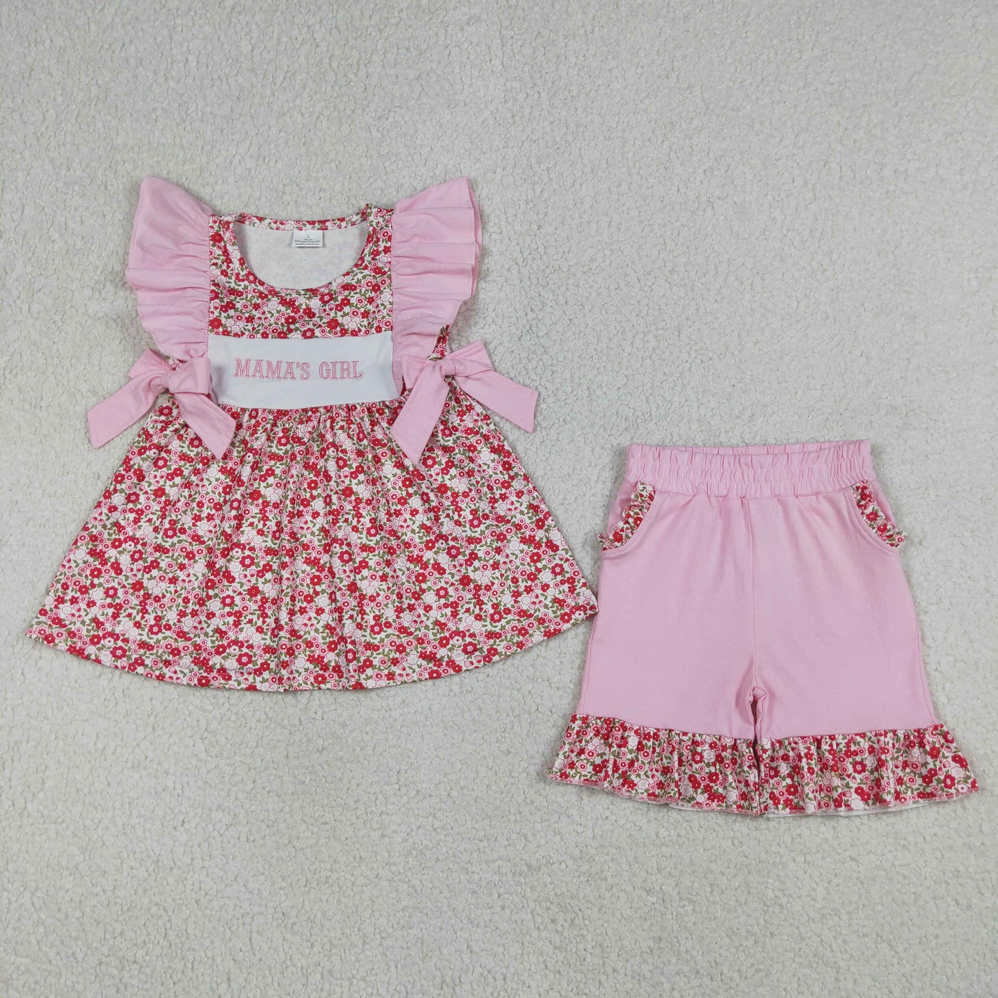 Sibling Embroidery Mama's Girl Flowers Tunic Ruffle Bummies Short Clothes Set Rompers