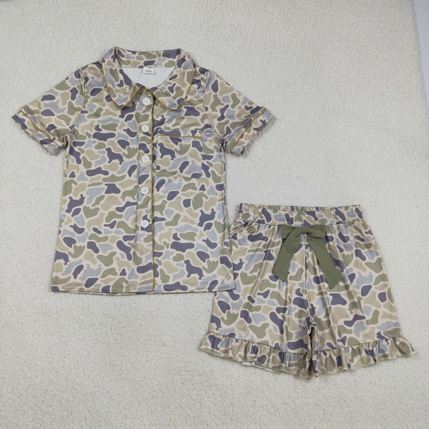 Adult Women Southern Dogs Camo Button Pocket Top Ruffle Shorts Pajamas Set