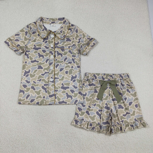 Adult Women Southern Dogs Camo Button Pocket Top Ruffle Shorts Pajamas Set