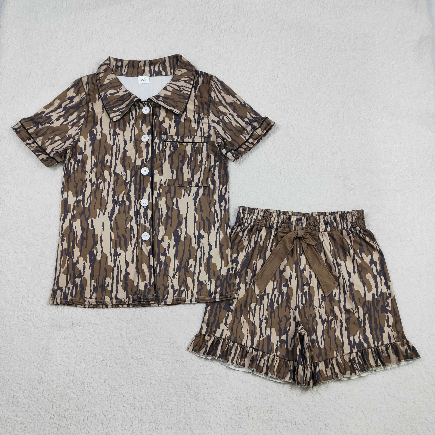 Sibling Adult Women Camo Bows Button Pocket Ruffle Shorts Hunting Pajamas Sets