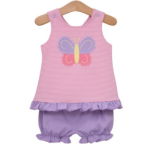 Baby Girls Sleeveless Pink Stripe Butterfly Tunic Ruffle Shorts Clothes Sets Preorder
