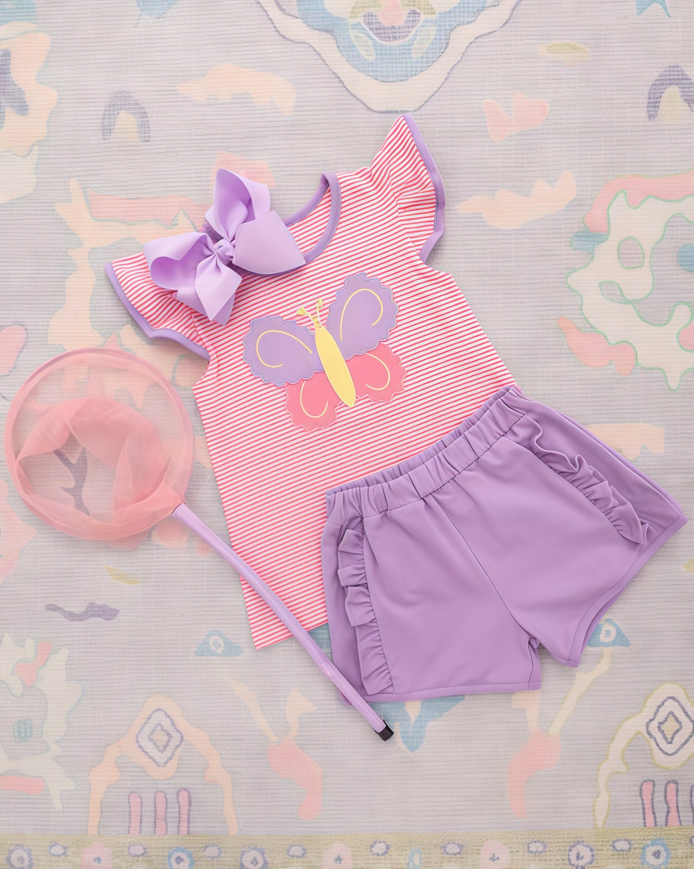 Baby Girls Flutter Sleeve Pink Stripe Butterfly Tunic Ruffle Shorts Clothes Sets Preorder