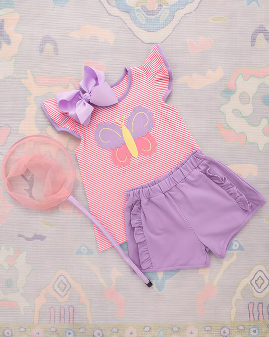 Baby Girls Flutter Sleeve Pink Stripe Butterfly Tunic Ruffle Shorts Clothes Sets Preorder