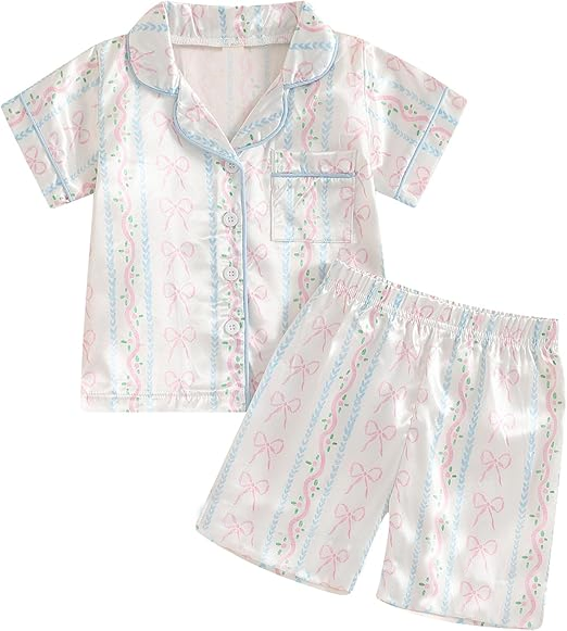 Baby Girls Pink Bows Flowers Stripe Button Pockets Top Short Pajamas Sets Preorder