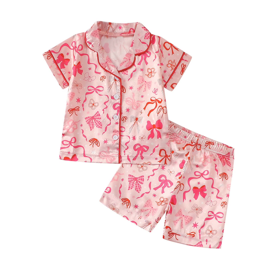 Baby Girls Pink Bows Stars Plaid Button Pockets Top Short Pajamas Sets Preorder