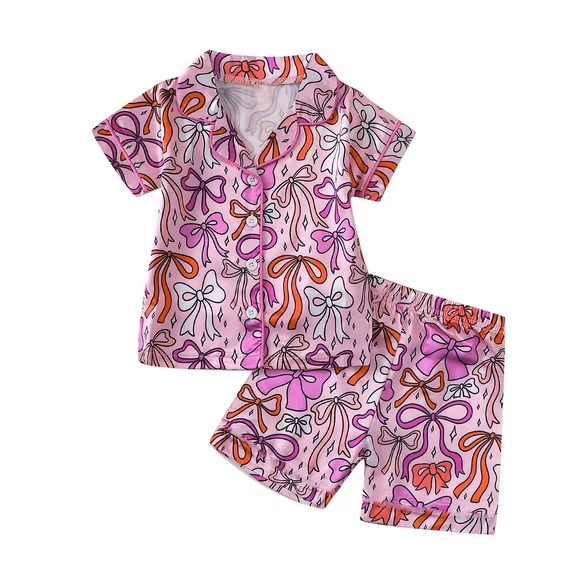 Baby Girls Hot Pink Bows Plaid Button Pockets Top Short Pajamas Sets Preorder
