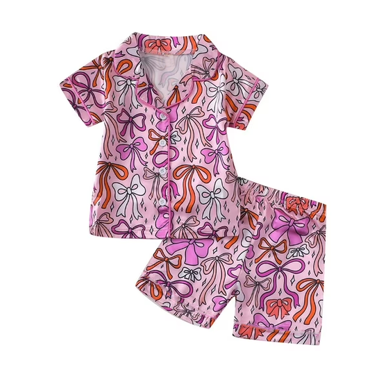 Baby Girls Hot Pink Bows Plaid Button Pockets Top Short Pajamas Sets Preorder