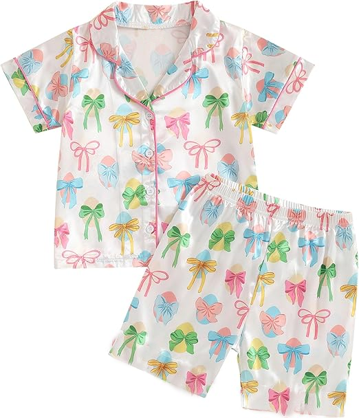 Baby Girls Colorful Bows Eggs Button Pockets Top Short Easter Pajamas Sets Preorder