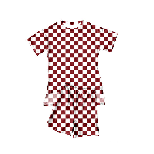 Baby Girls Dark Red Checked Ruffle Top Short Pajamas Sets Preorder
