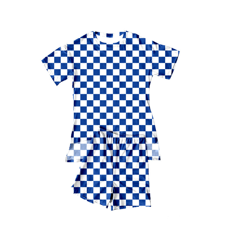 Baby Girls Hot Blue Checked Ruffle Top Short Pajamas Sets Preorder