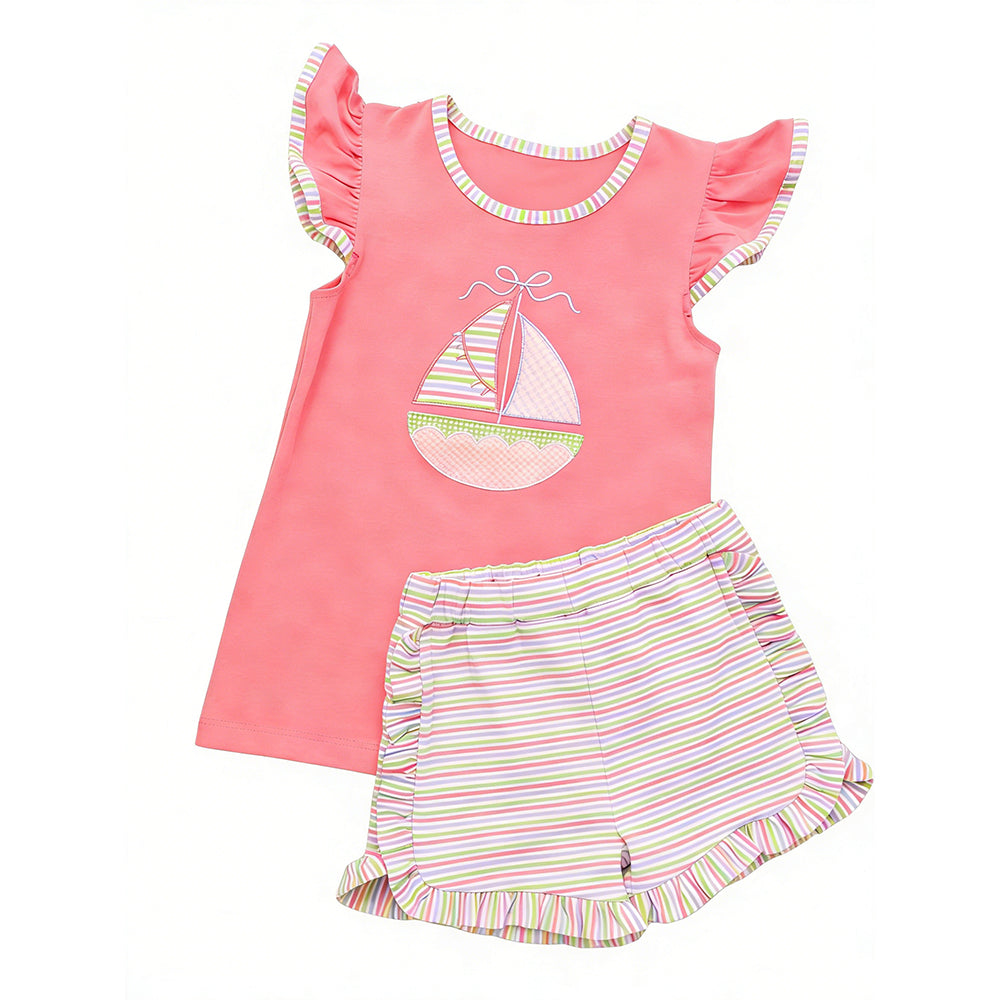 Baby Girls Flutter Sleeve Bow Boats Top Stripe Ruffle Shorts Clothes Sets Preorder