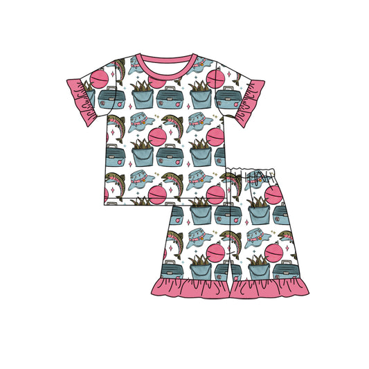 Baby Girls Short Sleeve Fishing Top Ruffle Shorts Hunting Pajamas Sets Preorder