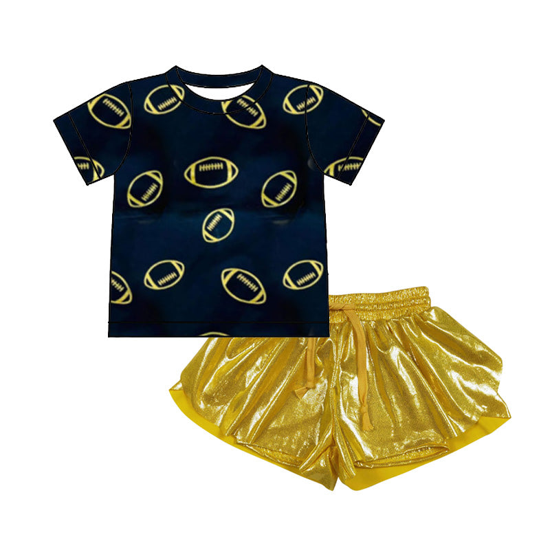 Baby Boys Navy Footballs Top Leather Gold Ruffle Shorts Team Clothes Set Preorder