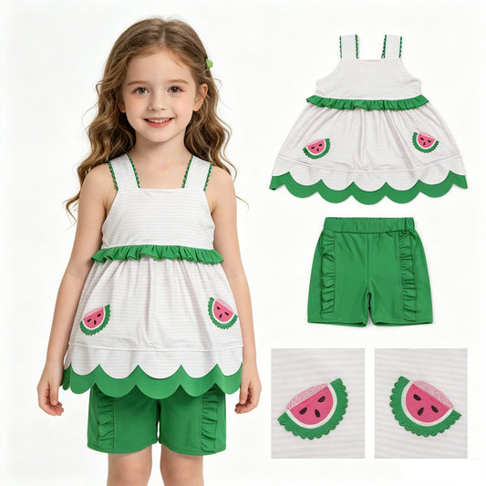 Embroidery Watermelons Baby Girls Scallop Tunic Ruffle Short Clothes Sets
