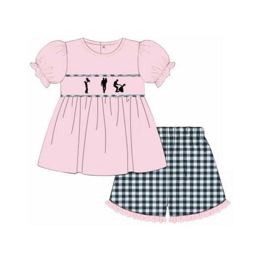 Baby Girls Pink Short Sleeve Dad and Me Tunic Checked Ruffle Short Clothes Sets Preorder