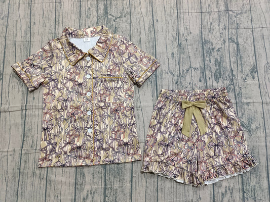 Adult Women Southern Olive Camo Bows Button Pocket Top Ruffle Shorts Pajamas Set