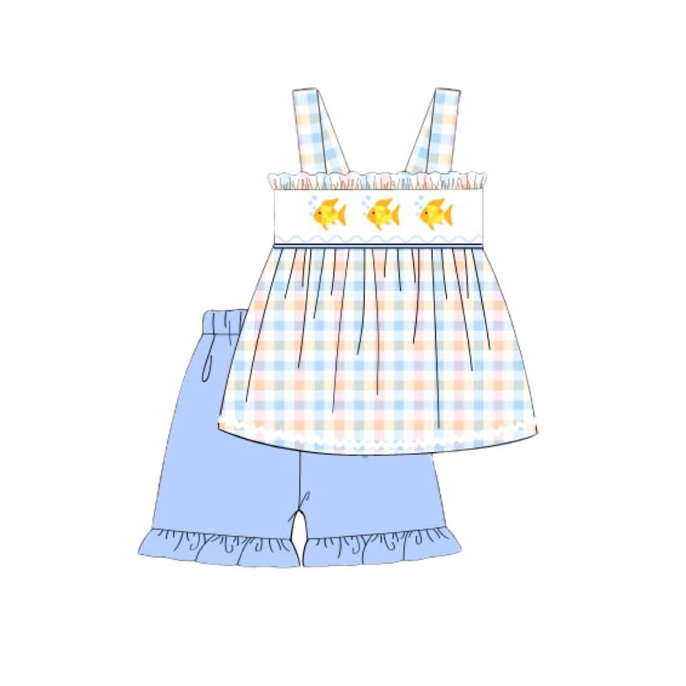 Baby Girls Strap Fishes Checked Tunic Ruffle Shorts Hunting Clothes Sets Preorder