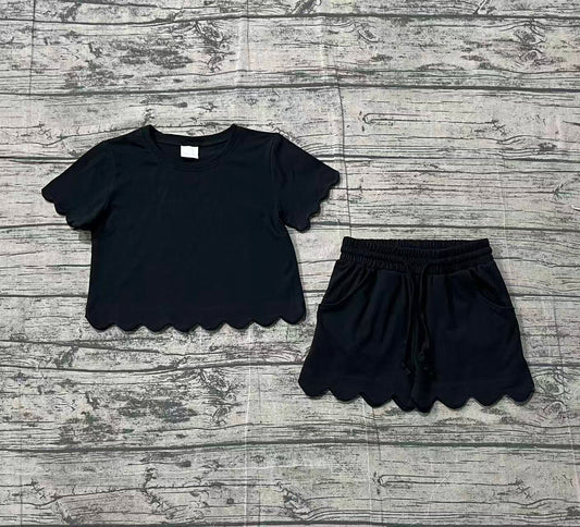 Baby Girls Short Sleeve Black Shirts Top Scallop Shorts Clothes Sets Preorder