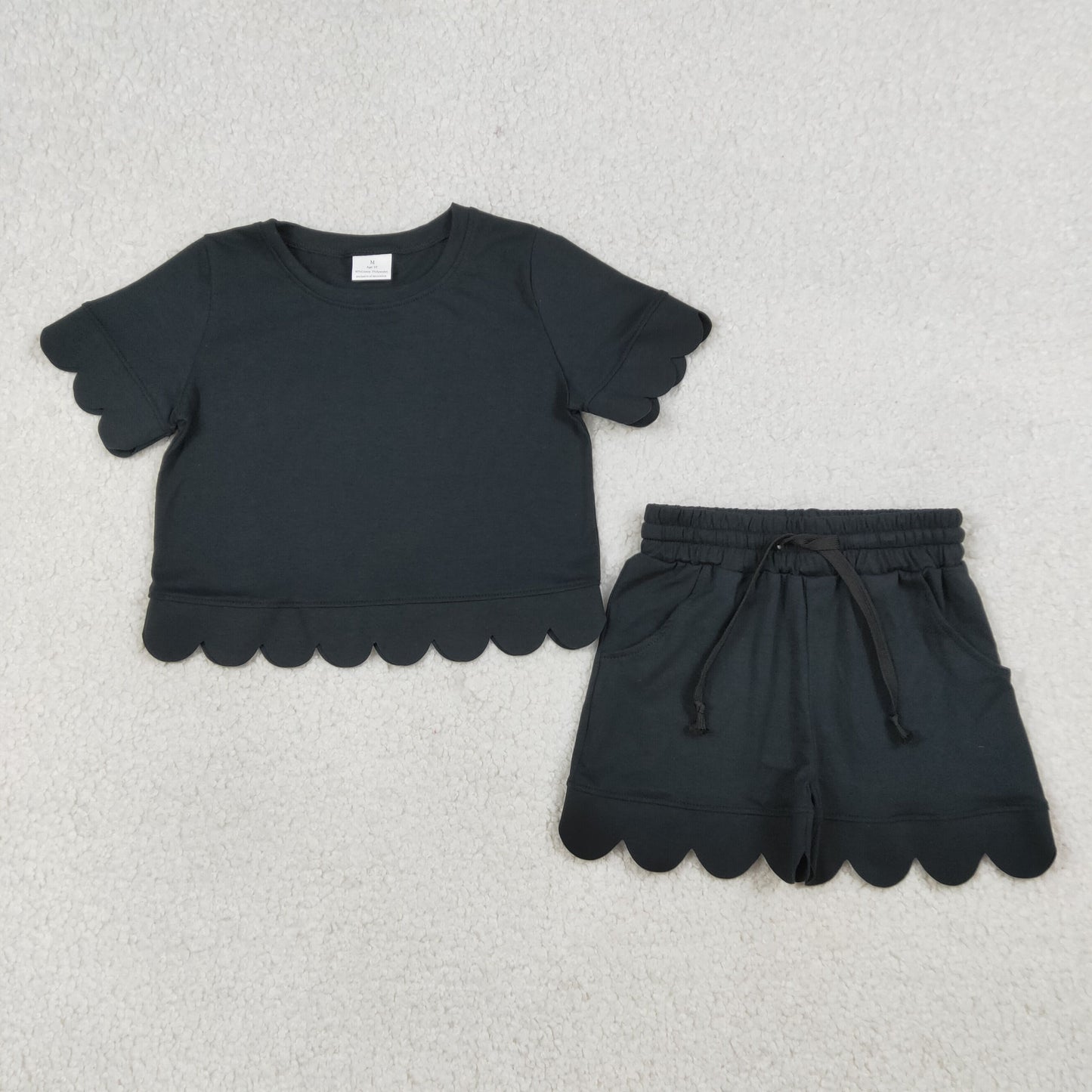 Baby Girls Black Short Sleeve Top Pockets Shorts Cotton Scallop Clothes Sets