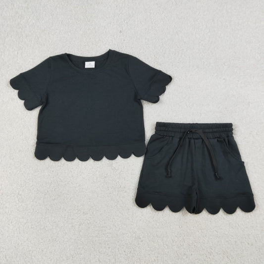 Baby Girls Black Short Sleeve Top Pockets Shorts Cotton Scallop Clothes Sets