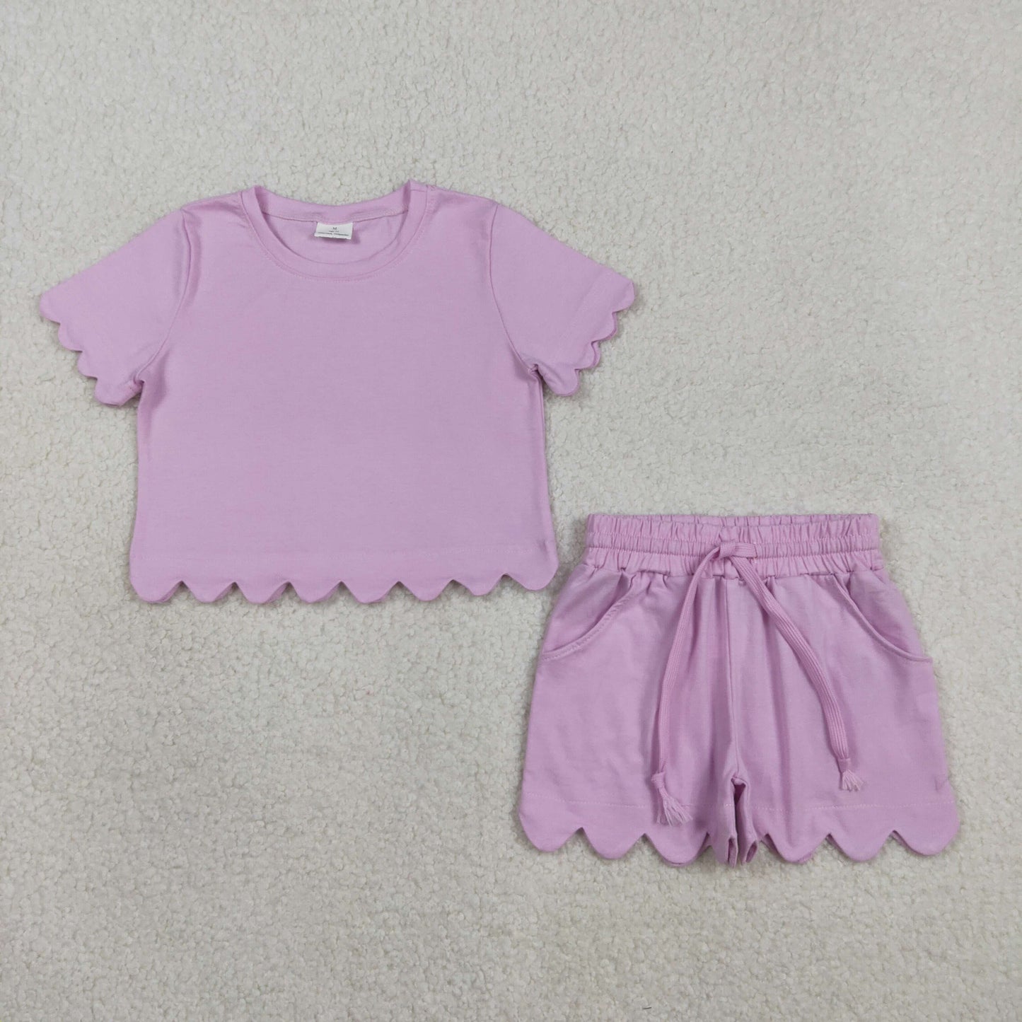 Mama and Me Girls Pink Top Pockets Short Scallop Cotton Clothes Sets