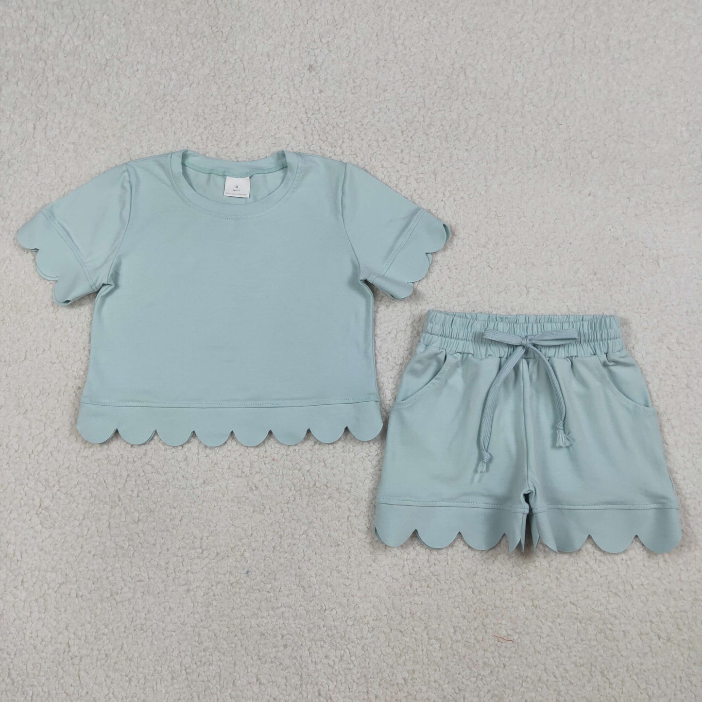 Mama and Me Girls Light Blue Top Pockets Short Scallop Cotton Clothes Sets