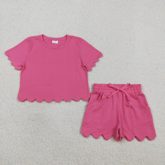 Baby Girls Short Sleeve Hot Pink Shirts Top Scallop Shorts Clothes Sets