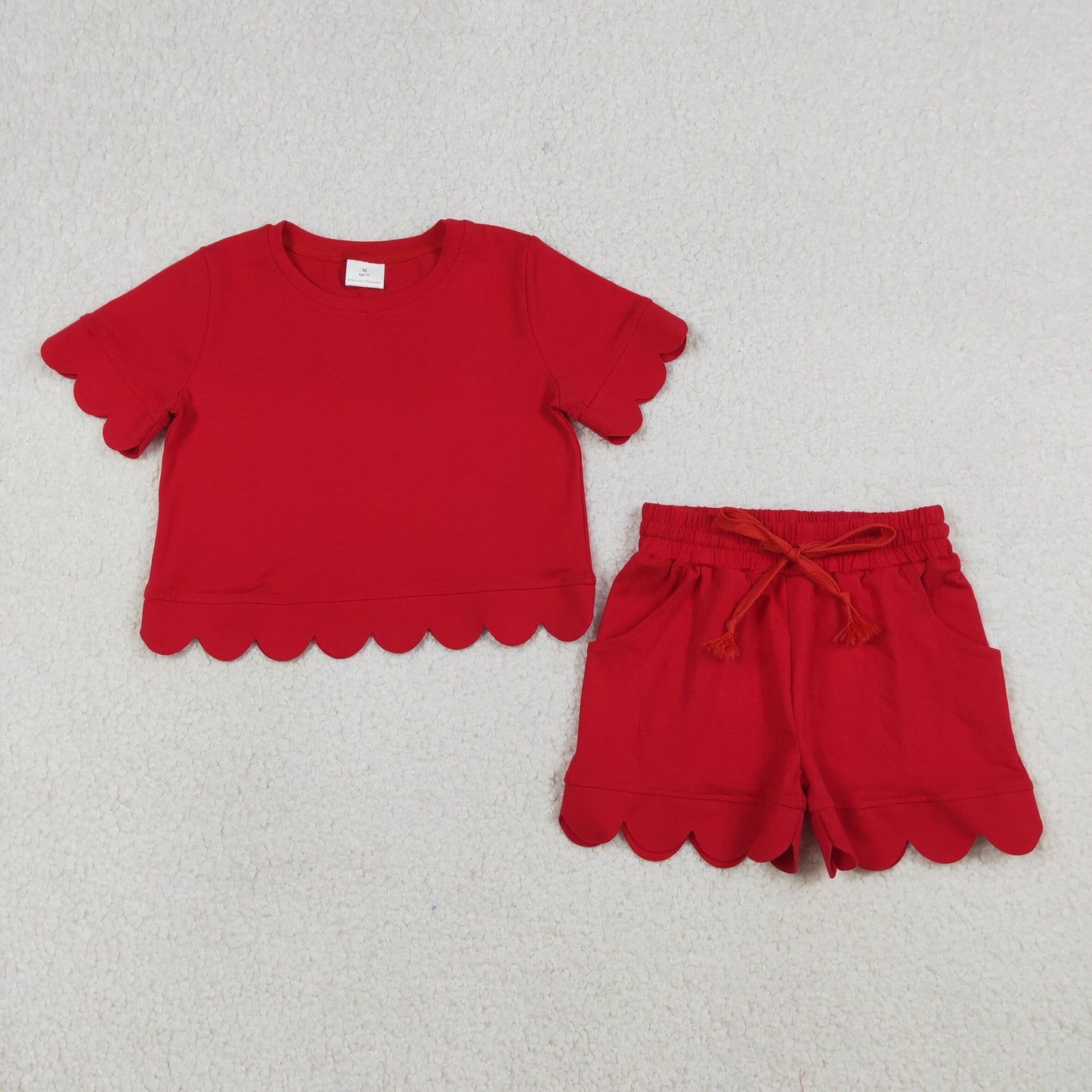Baby Girls Red Short Sleeve Top Pockets Shorts Cotton Scallop Clothes Sets
