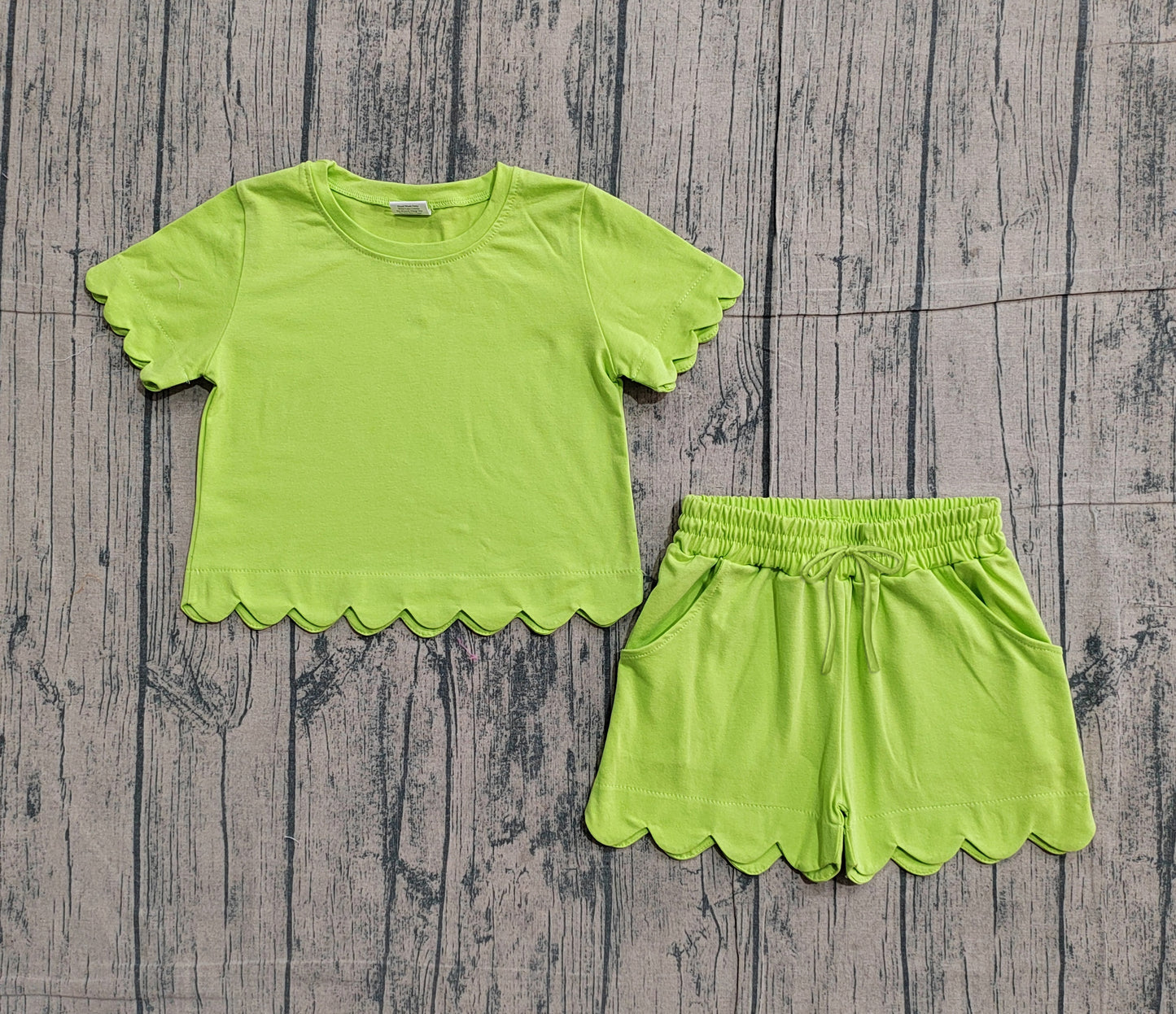 Baby Girls Green Short Sleeve Top Pockets Shorts Cotton Scallop Clothes Sets