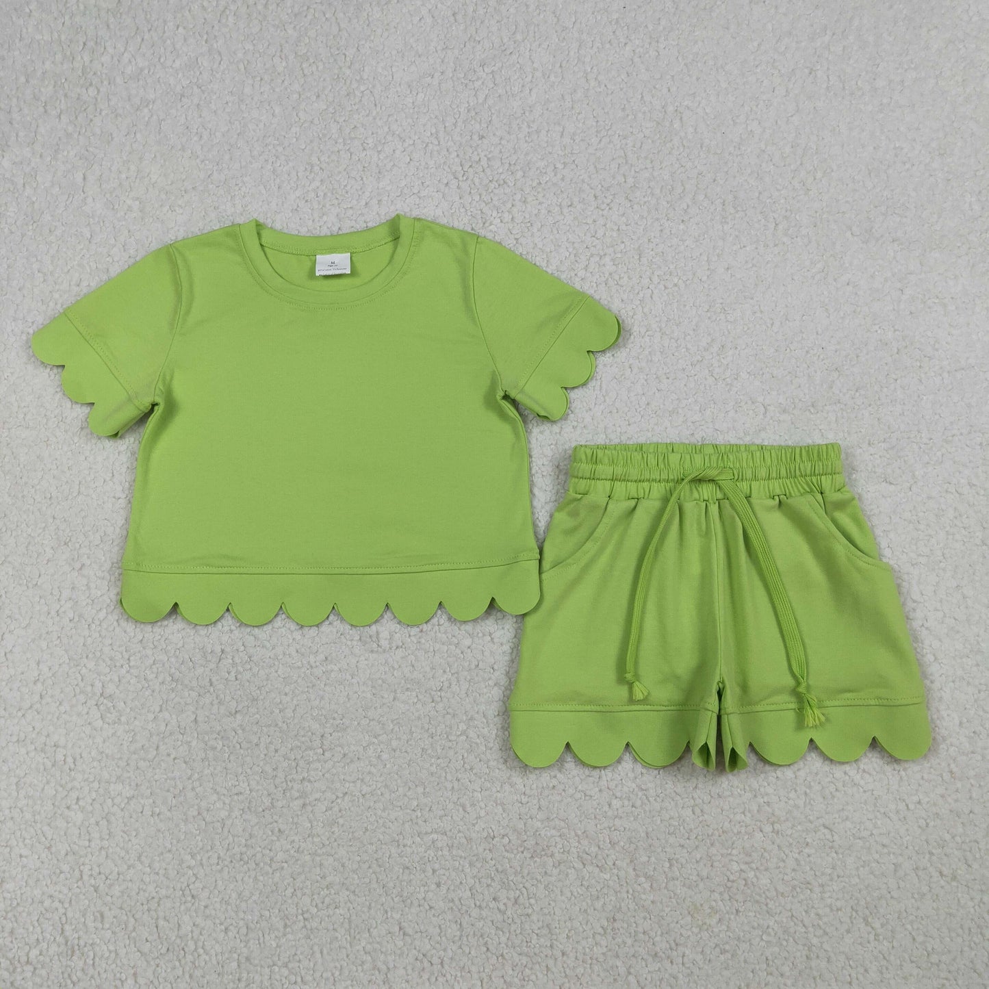 Baby Girls Green Short Sleeve Top Pockets Shorts Cotton Scallop Clothes Sets