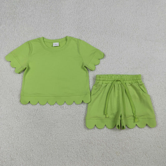 Baby Girls Green Short Sleeve Top Pockets Shorts Cotton Scallop Clothes Sets