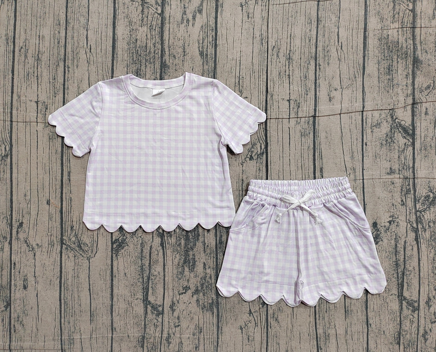Baby Girls Short Sleeve Lavender Checked Shirts Top Scallop Shorts Clothes Sets Preorder