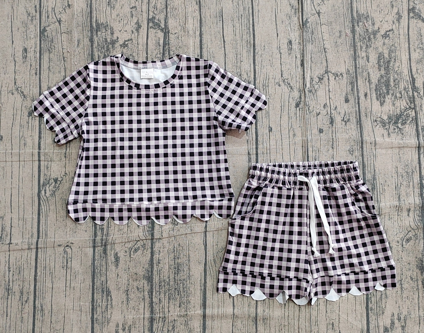 Baby Girls Short Sleeve Black Checked Top Shorts Scallop Clothes Sets