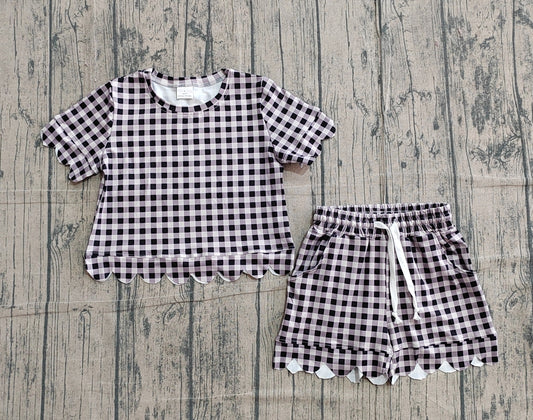 Baby Girls Short Sleeve Black Checked Top Shorts Scallop Clothes Sets
