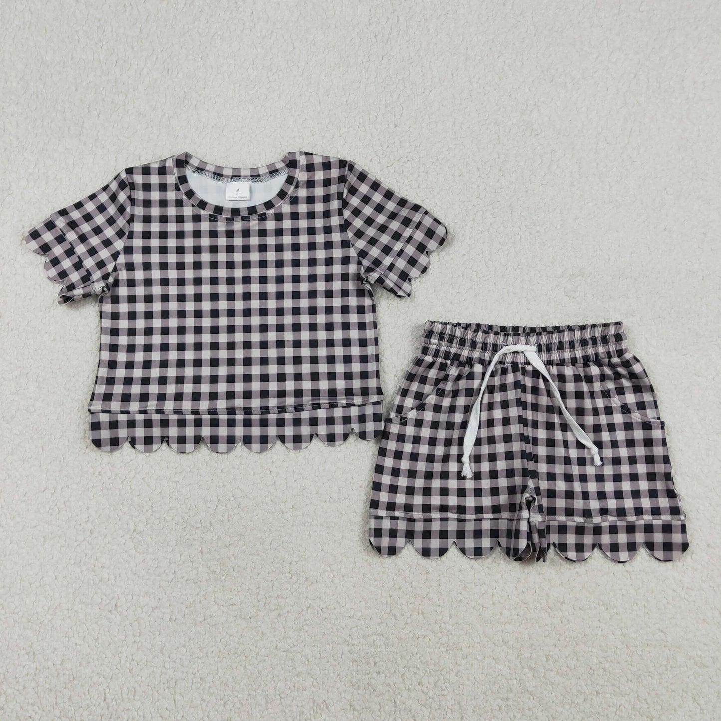 Sibling Baby Girls Colorful Checked Scallop Shirts Top Pockets Short Pajamas Clothes Sets