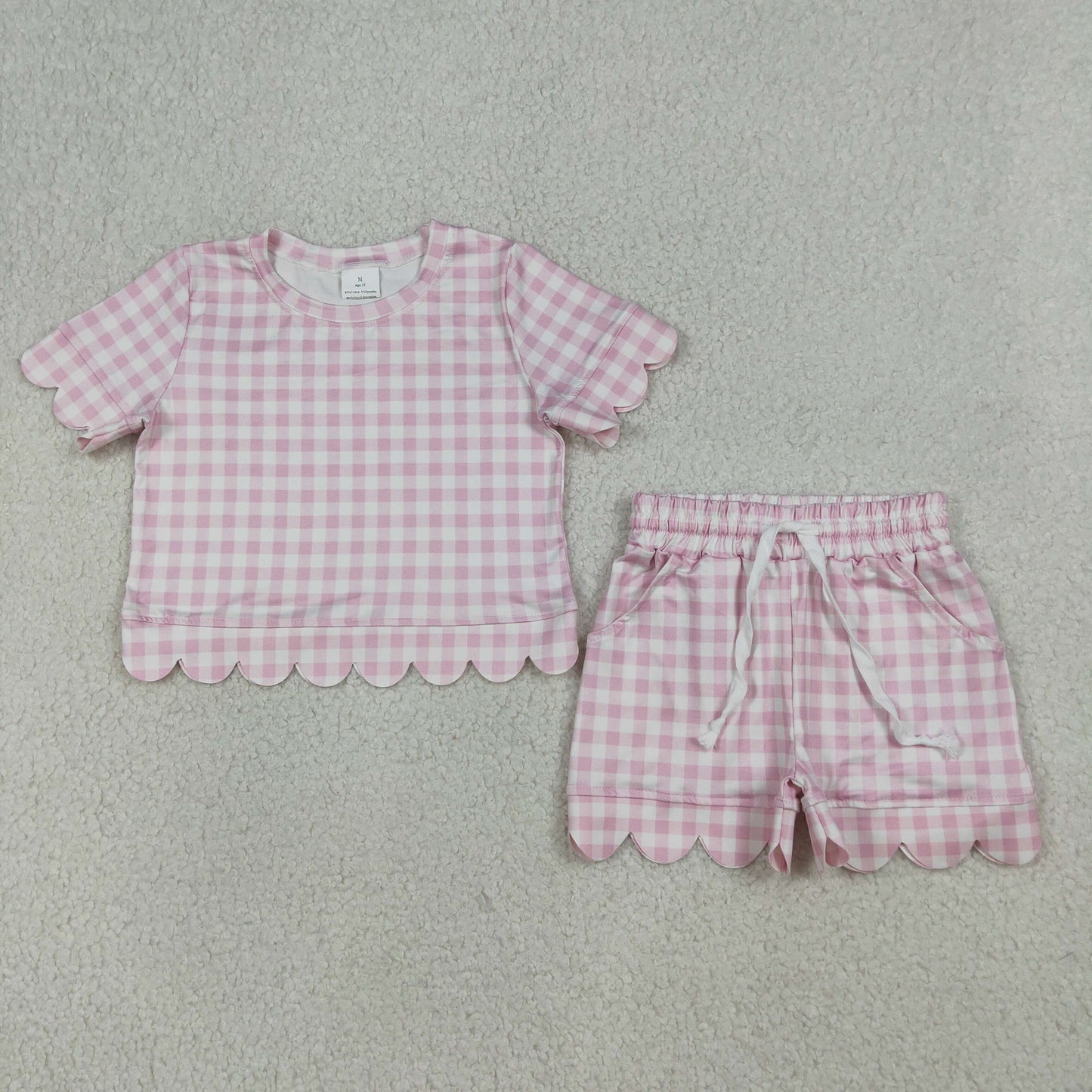 Sibling Baby Girls Colorful Checked Scallop Shirts Top Pockets Short Pajamas Clothes Sets