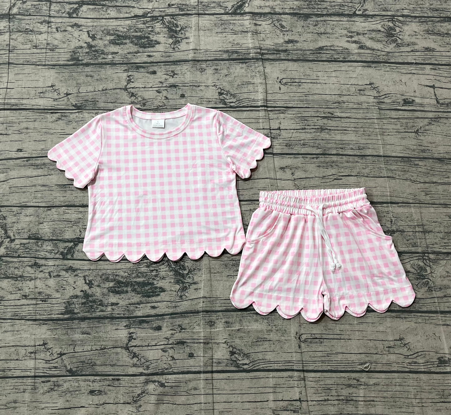 Baby Girls Short Sleeve Light Pink Checked Shirts Top Scallop Shorts Clothes Sets Preorder