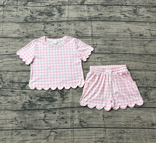 Baby Girls Short Sleeve Light Pink Checked Shirts Top Scallop Shorts Clothes Sets Preorder