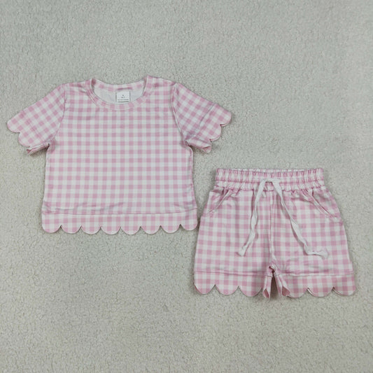 Baby Girls Short Sleeve Light Pink Checked Top Shorts Scallop Clothes Sets