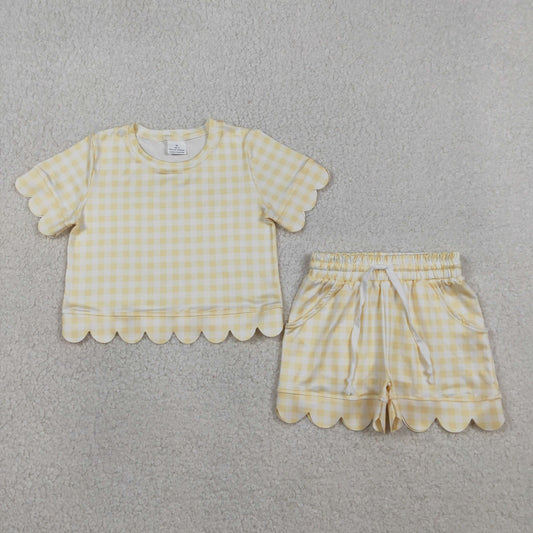 Baby Girls Short Sleeve Yellow Checked Shirts Pockets Short Scallop Clothes Sets