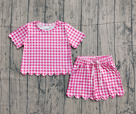 Baby Girls Short Sleeve Pink Checked Shirts Top Scallop Shorts Clothes Sets Preorder