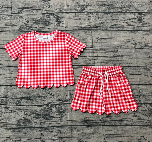 Baby Girls Short Sleeve Red Checked Shirts Top Shorts Scallop Clothes Sets Preorder